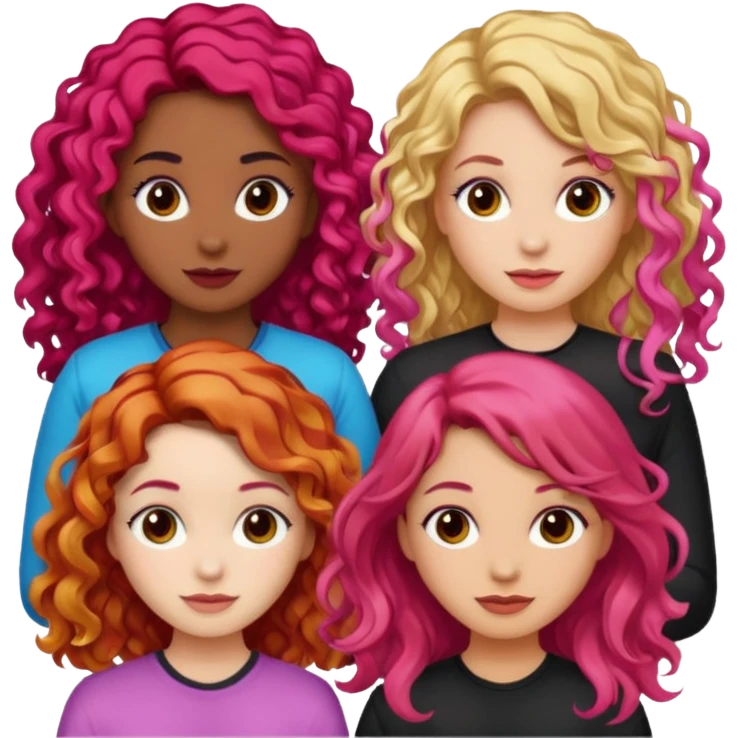 5 girlsone curly redhead, one with brunette dyed blonde hair, one long haired wavy brunette, one mid-length haired brunette, and one black haired girl with partially dyed bright red/pink hair emoji