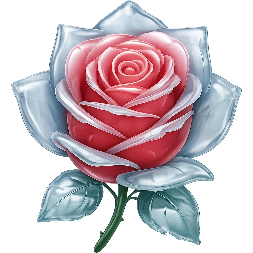 Make the ice rose look like glass in the style of emoji, preserving the emoji style and making it transparent and shiny like glass, with no background. emoji