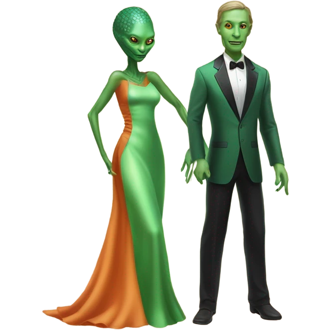 alien reptilian green skin woman, long slim pastel orange formal party satin dress with gradient shiny sparkling dark red, and caucasian man in black dres on his knees asks her to marry her emoji