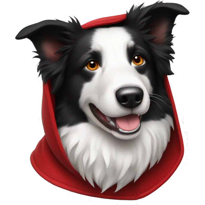Black and white Border Collie wearing a red velvet hood with white fur trim. emoji