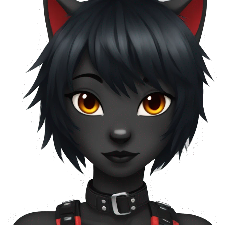 Anthro Edgy Cool Beautiful Black Cat-Fursona with Emo Hair-bangs with Red Streaks Chest Harness emoji