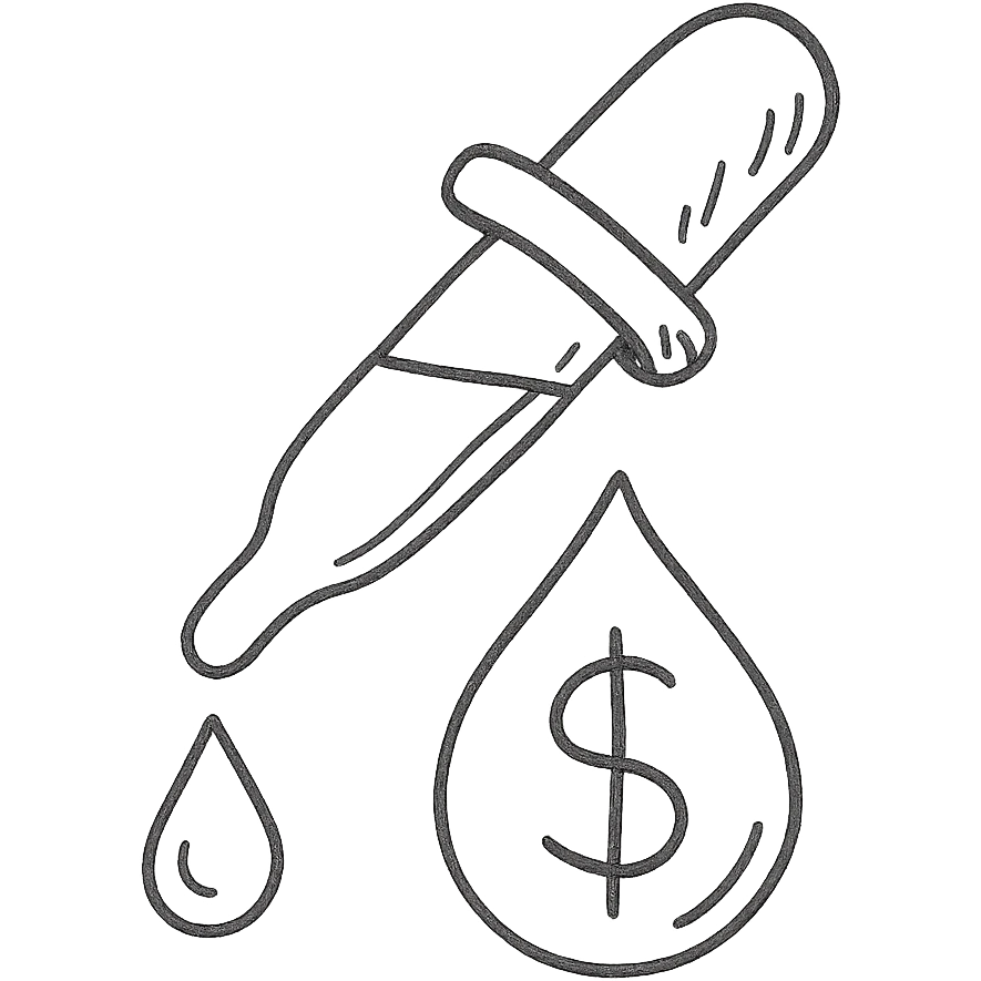 hand-drawn outlined pipette with a golden drop, dollar sign inside the drop emoji