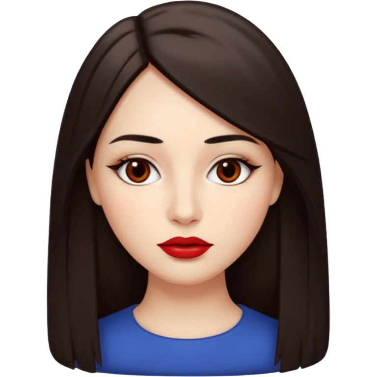 A woman emoji with fair skin, long straight dark brown hair parted in the middle, an oval-shaped face, arched dark eyebrows, almond-shaped brown eyes, a small nose, and full lips colored with red lipstick. emoji
