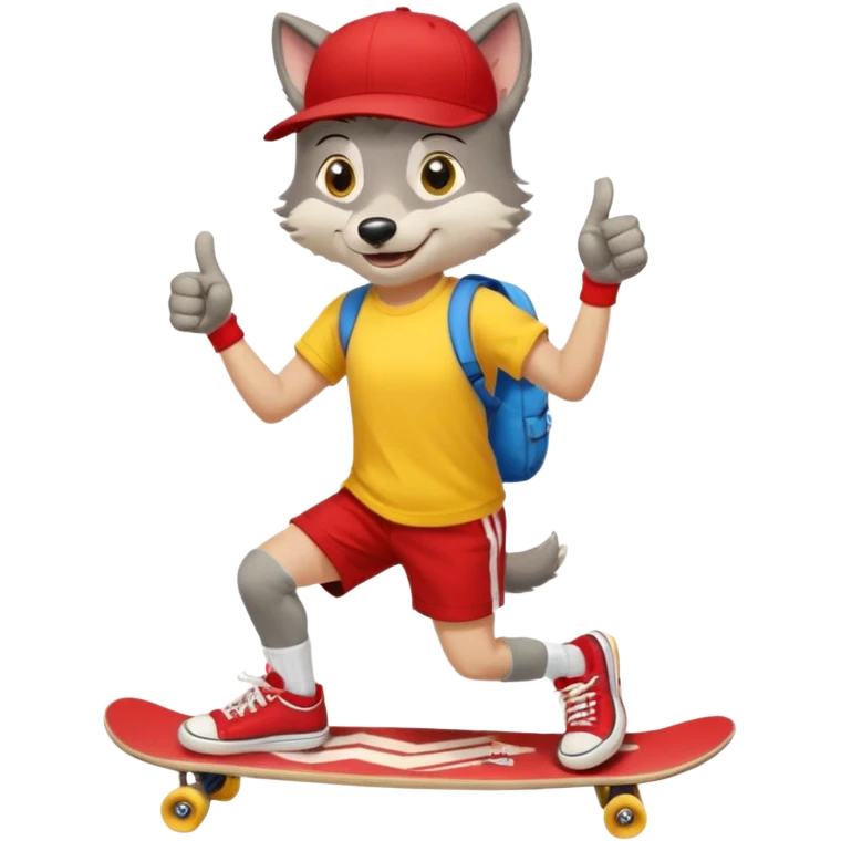 A gray wolf with large, expressive eyes and a friendly smile. The gray wolf is wearing a bright yellow T-shirt, red shorts, white knee socks, and sneakers. The baseball cap is worn backwards. The wolf holds a skateboard in one hand and gives a thumbs-up with the other, a confident and cheerful pose. emoji
