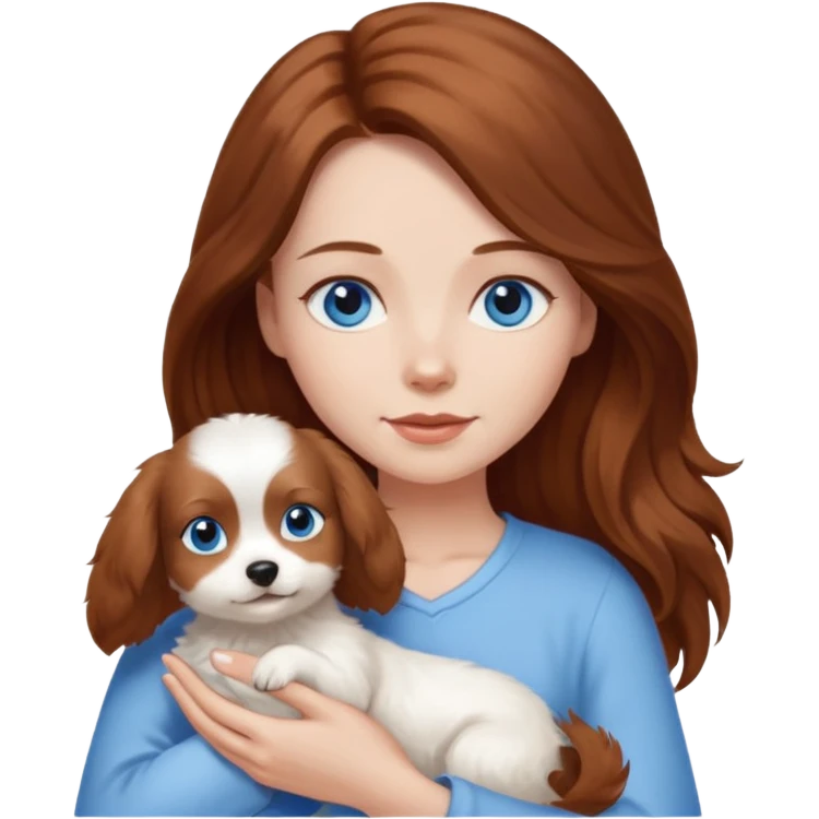 long hair chestnut color blue eyes woman holding small just white dog emoji