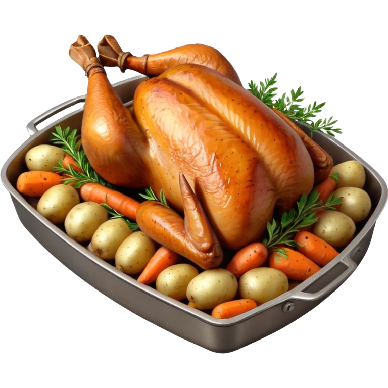 roasted turkey in a baking tray, golden brown crispy skin, whole turkey surrounded by vegetables, oven-baked meal presentation, juicy texture, warm food lighting, 3D cartoon style, mobile game icon style, centered composition, clean background, no text, no watermark
 emoji