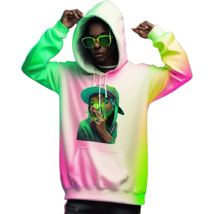 Multicoloured neon black green graffiti person smoking wearing hoodie dancing hip hop bucket hat tropical Skater fashion aesthetic baggy clothes graphic t shirt 420 emoji