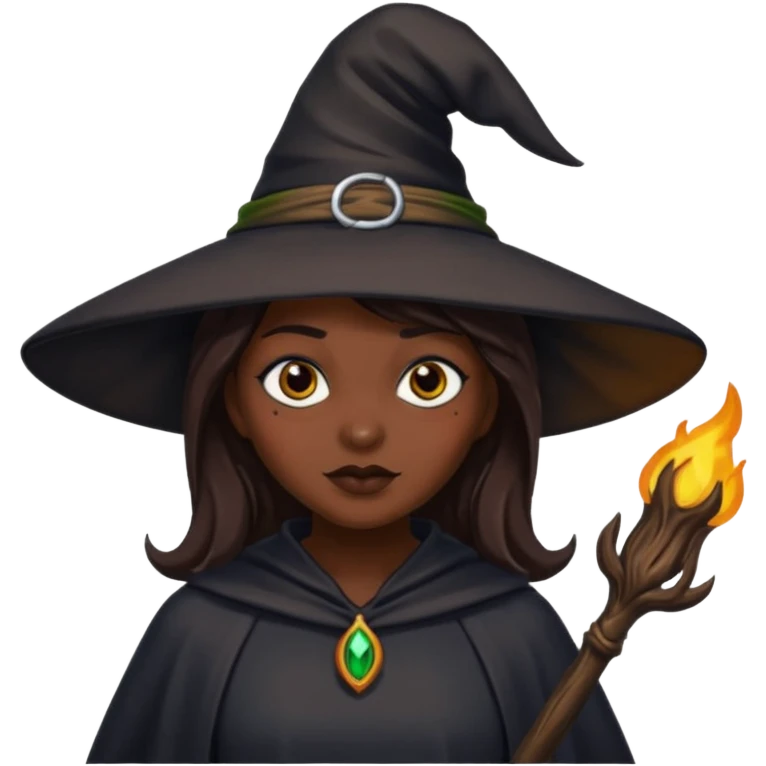 Witch with black complexion, brown hair and eyes emoji