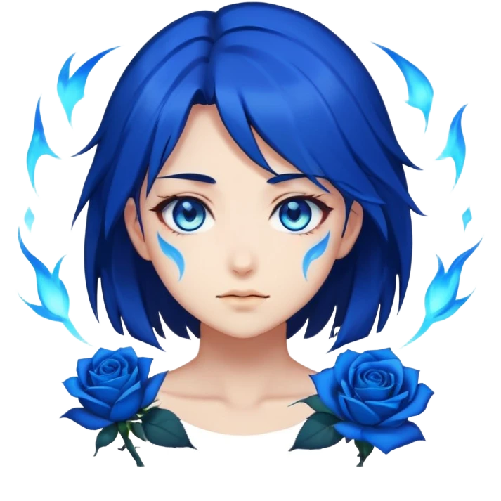 anime girl emoji with dark blue hair, blue rose, intense blue glowing eyes, Solo Leveling style, blue magical aura, high contrast, 2D emoji