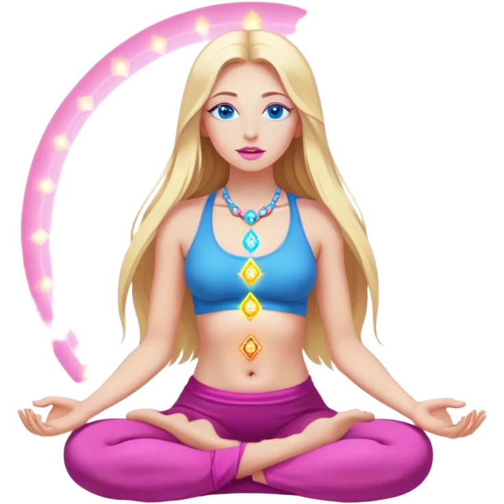 Cinematic realistic blonde with long hair, blue eyes and pink lips meditates, her chakras glow emoji