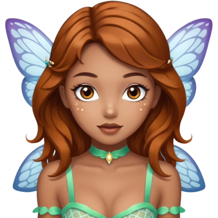 Pretty girl with caramel skin brown hair brown eyes and freckles. Wearing sexy makeup. Wearing a fairy costume with white fishnet tights and heels emoji