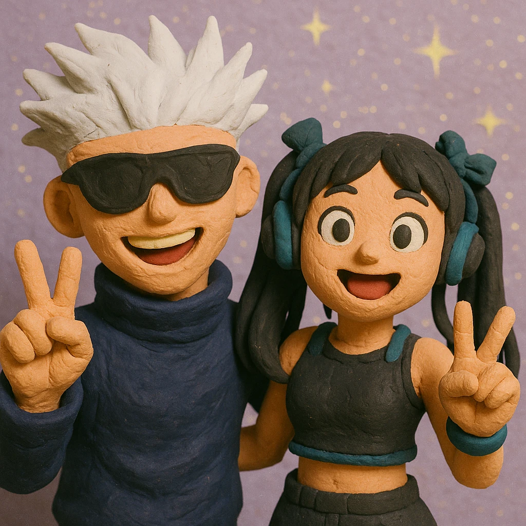 Gojo Satoru and his female protégé, both making peace signs, playful and energetic, Gojo with black shades and icy-blue eyes, protégé with long black hair, twin bows, cropped black top with cyan accents, blue headphones, sparkly background, in claymation style emoji