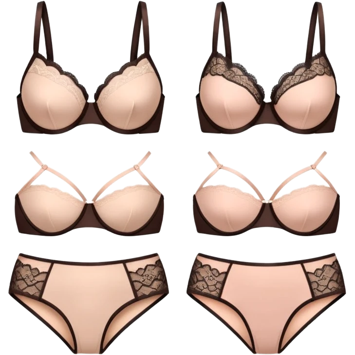 a set of 12 minimal emoji icons of lace lingerie: different bra and panties shapes, balconette, bralette, high-waist panties, thong, all in soft beige and blush tones, no body, only lingerie, flat vector style, on transparent background emoji