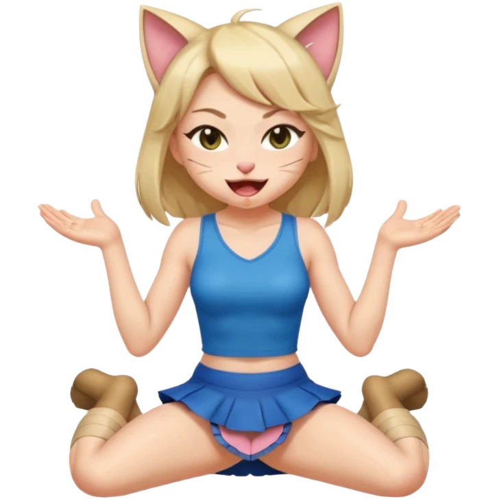 catgirl squatting and winking with her tongue out, legs apart, wearing a mini skirt bare thighs emoji