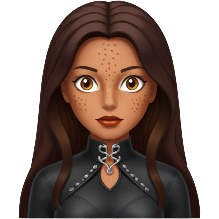 Tan skin with freckles, long dark hair, hazel eyes Dominatrix  emoji