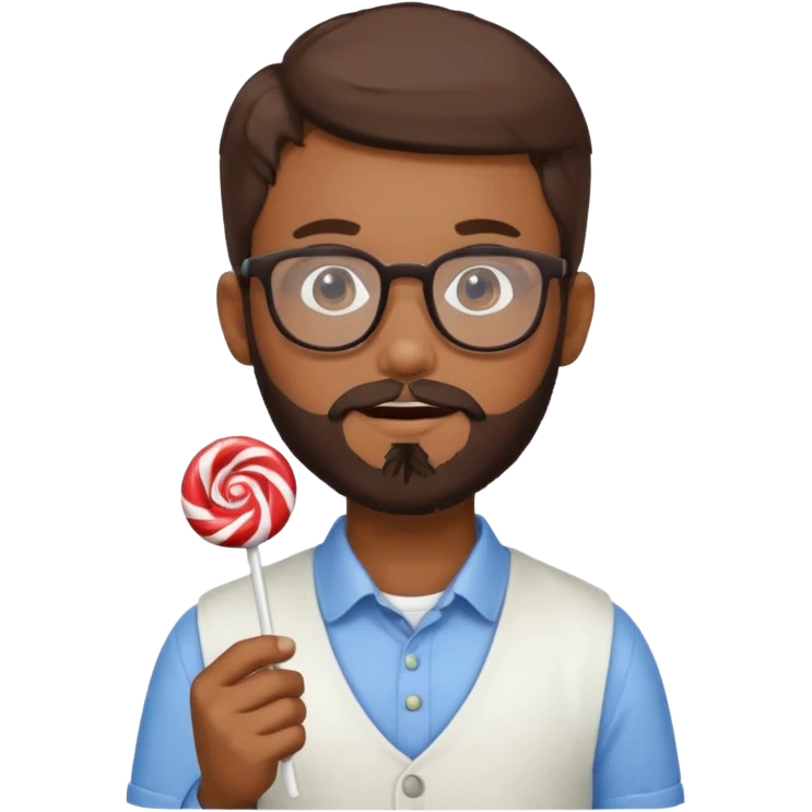 Brown boy with beard and glasses holding candy emoji