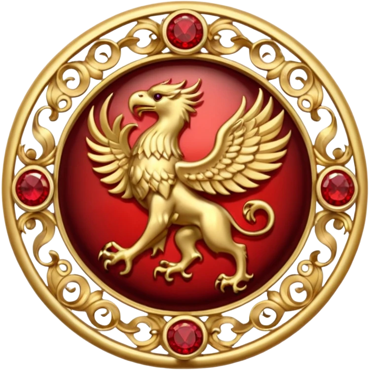 Golden griffin crest / brosch in a circle with red gems and no background emoji