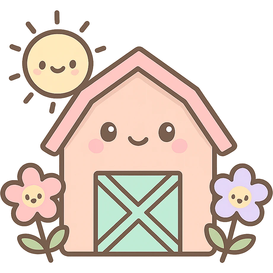 cute kawaii style emoji of a barn with flowers and a sun emoji