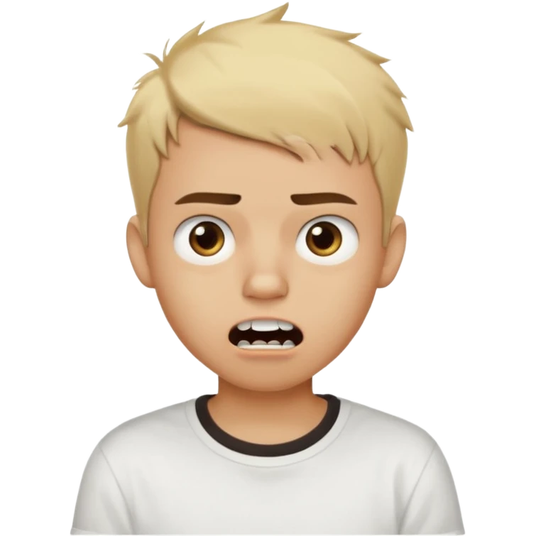Male Teenager with Short buzz, messy blonde hair, Dark brown bushy eyebrows large expressive golden-brown eyes, wearing a plain white t-shirt, Dark Brown skin color, Confused mouth gape showing teeth emoji
