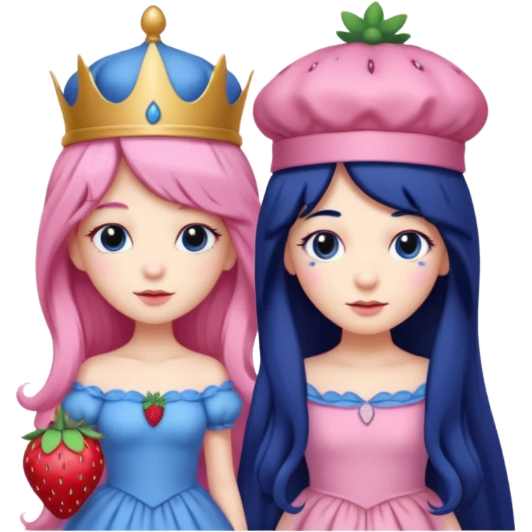 pale blueberry prince with long black hair blueberry hat and clothes next to pale strawberry princess with strawberry hat eyelashes long pink hair and strawberry dress emoji
