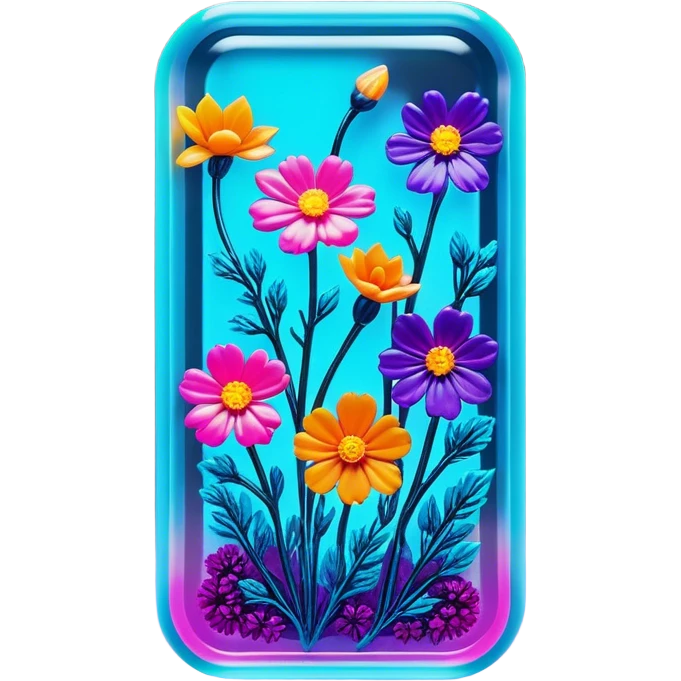 Epoxy resin art icon, jewelry and decorative items made with fluorescent epoxy resin, glowing effect on the resin, finished resin jewelry with dried flowers embedded inside, visible tubes of resin with bright colors, mixing tools, and molds, minimalistic style, clean lines, transparent background emoji