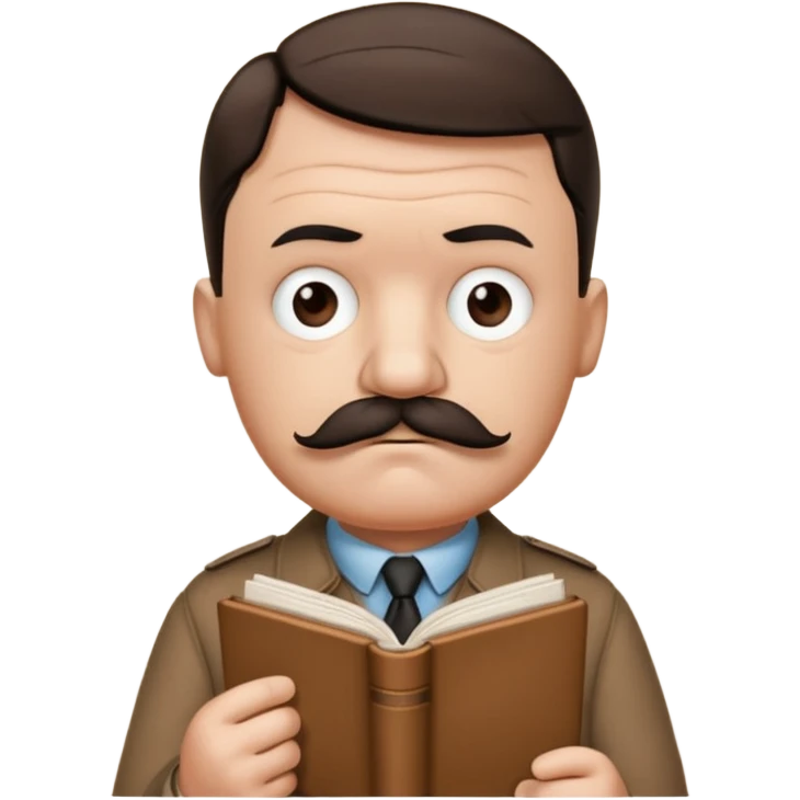 Adolf Hitler as a Mr. Men character, funny and cartoonish, with a small mustache and a grumpy expression, wearing a brown shirt and holding a tiny book emoji