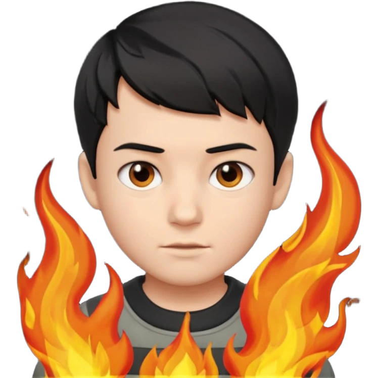 boy with short black hair, fire, risk-taker, realist emoji