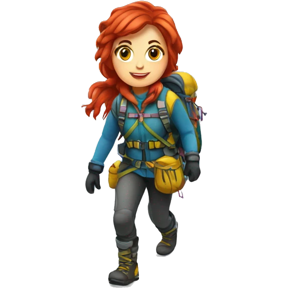 Female winter mountain climber red hair climbing with Greek and EU flags and Easter eggs basket emoji