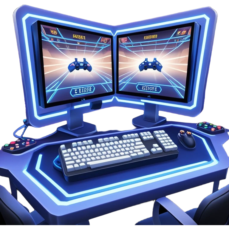An icon featuring a gaming monitor displaying an intense esports competition, with players' hands on controllers and keyboards. A digital scoreboard and glowing energy lines surround the scene, symbolizing the excitement of competitive gaming. Transparent background highlights the world of esports. emoji