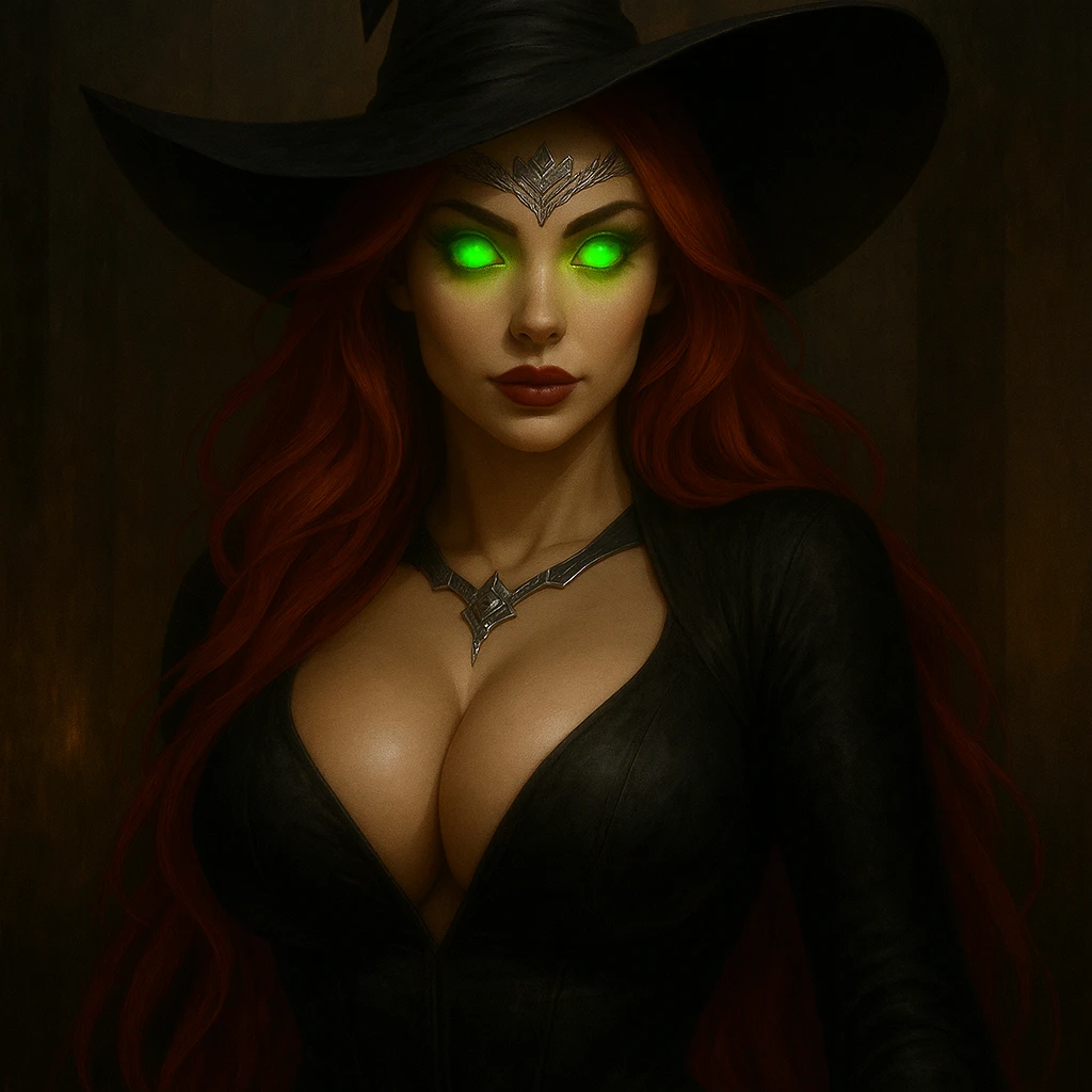 Enhance the witch queen by making her eyes a much brighter, glowing unnatural green. Increase the size of her breasts. Maintain the same style with long bright red hair and a silver crown-like tattoo on her forehead. emoji