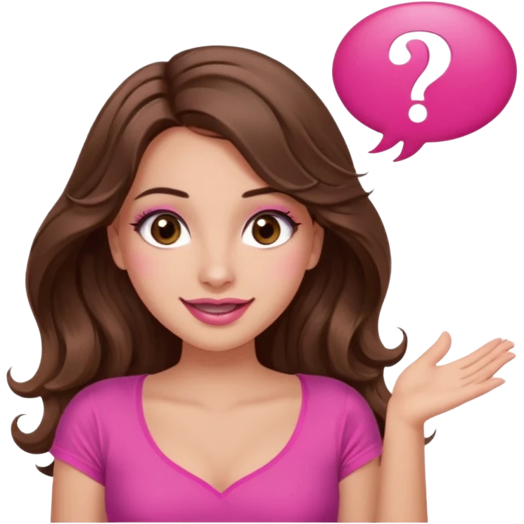 girl with long wavy brown hair, brown eyes, long lashes makeup, sexy pink lips, light to medium complexion, wearing a pink sexy top, shugging, smiling, question mark one speech bubble emoji