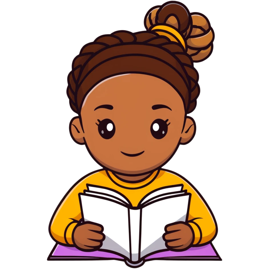 African girl student with brown skin and braided hair writing with book and pen emoji