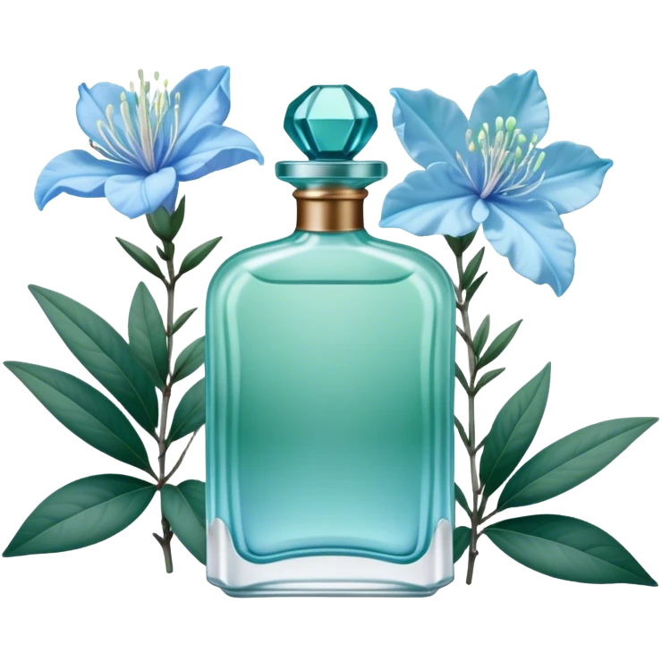Aesthetic ensemble of soft blue azaleas alongside a charming vintage green perfume bottle.
 emoji