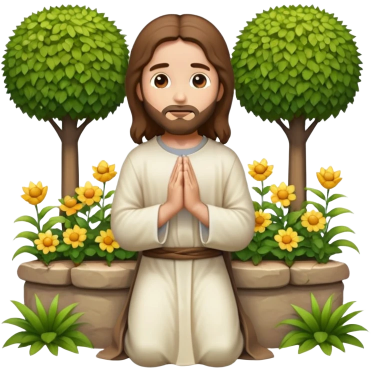 Jesus kneeling to pray in a garden, emoji style, gentle expression emoji