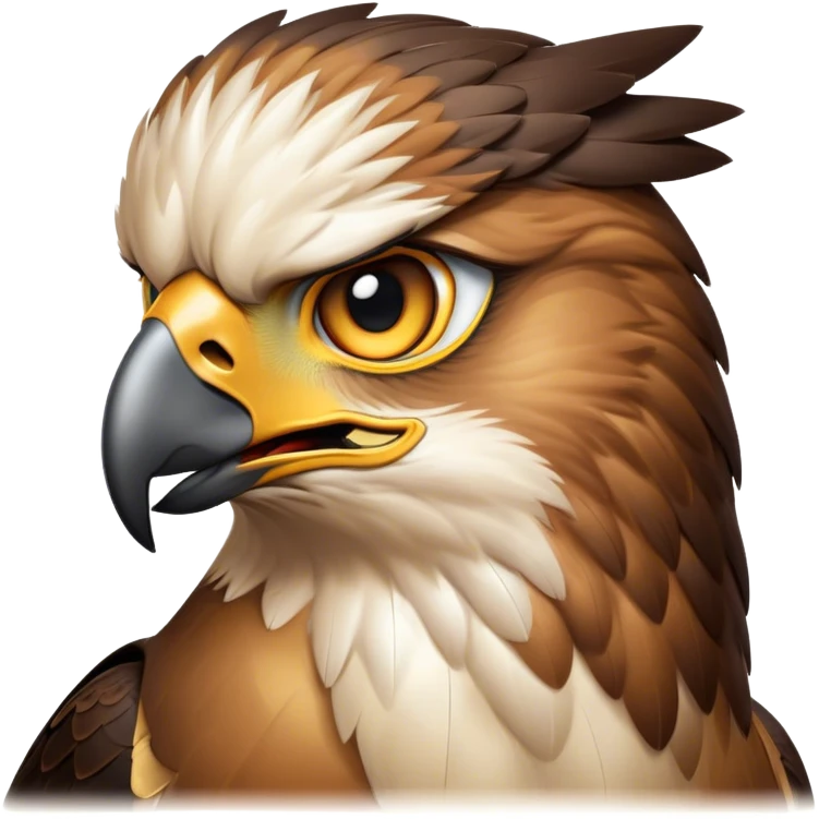 Cinematic Noble Hawk Portrait Emoji, Poised and regal, with a sturdy, agile build, a sharp, hooked beak, and intense, focused eyes that exude predatory precision, Simplified yet sharp and sophisticated features, highly detailed, glowing with a soft, golden glow, high shine, intelligent and vigilant, stylized with an air of aerial mastery, focused and determined, soft glowing outline, capturing the essence of a watchful and confident hawk that appears ready to soar out of the screen with effortless authority! emoji