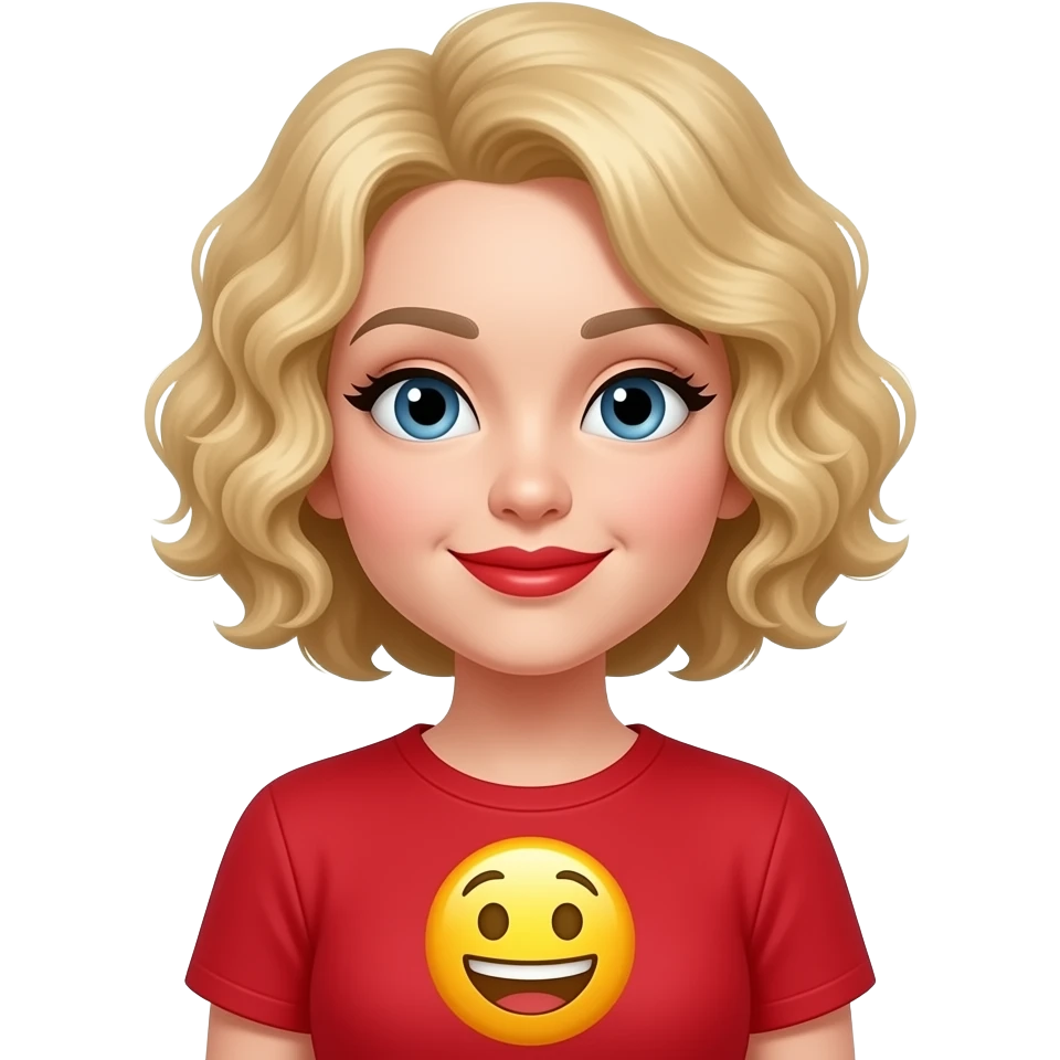 short blonde tight curly hair with a yellow emoji in a red short sleeve shirt and red lipstick emoji