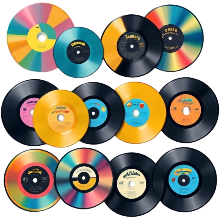 Icon for Vinyl Record Collecting: colorful vinyl records in decorative packaging featuring artist images, neatly arranged on a wall or shelf. The icon should reflect the aesthetic and artistic aspect of collecting vinyl records. Transparent background. emoji