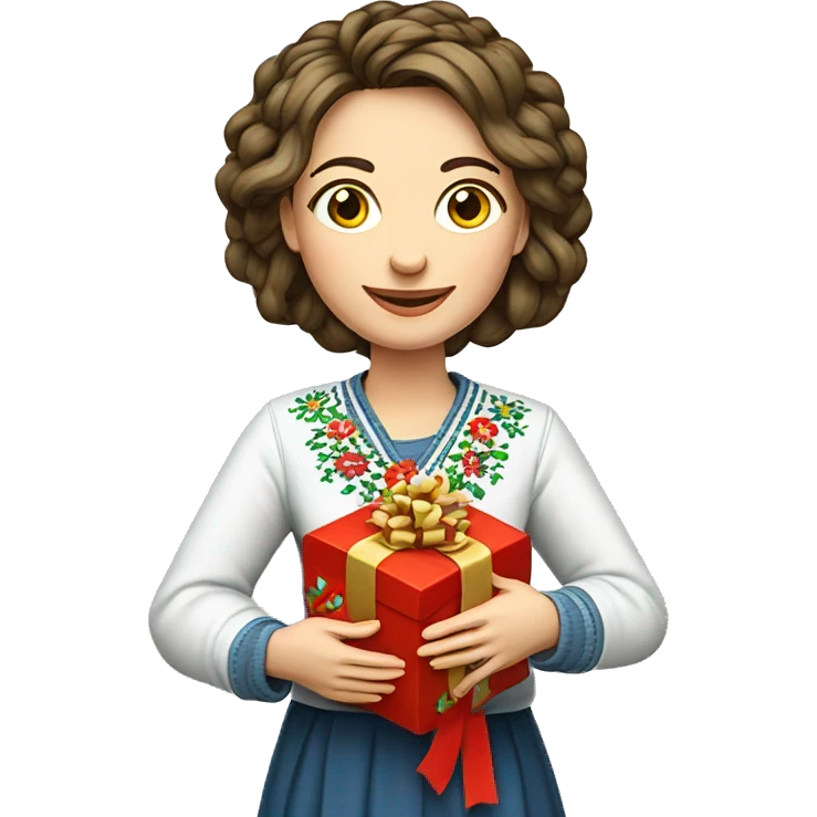 A female teacher in Ukrainian embroidery holds a gift in her hand emoji