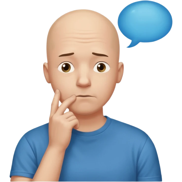 bald man with t-shirt, doubting face, hand on chin looking up, thought bubble emoji