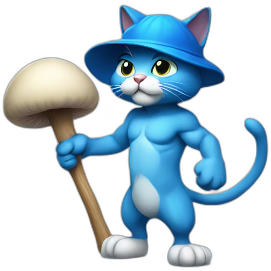 Strong muscles Blue cat NO ears wearing a mushroom cap carrying a stick in one arm standing on two legs emoji