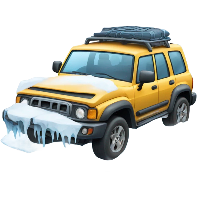An adventurous car in an icy tundra setting, with snow and ice all around, highlighting the ability to conquer extreme and inhospitable terrains. emoji