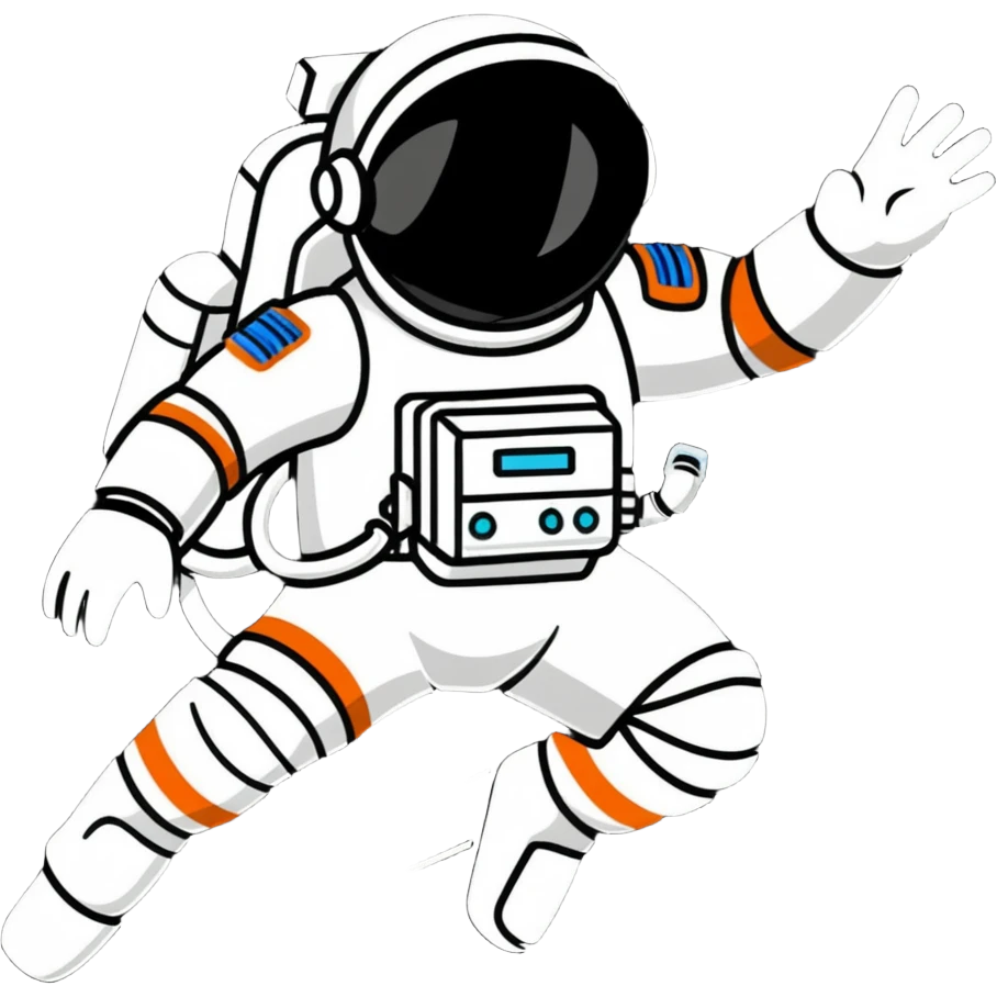Stylized futuristic astronaut in mid-flight pose, heroic silhouette, dynamic diagonal motion lines emoji