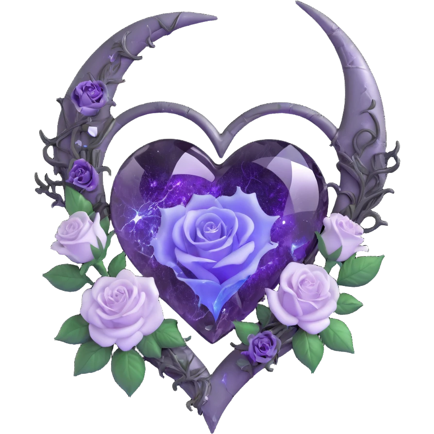 gothic heart made of smoky gray glass, silver crescent moon, white roses, holographic stardust, neon purple lightning, wet and cracked glass emoji