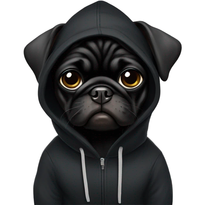 Black pug wearing a black hoodie emoji