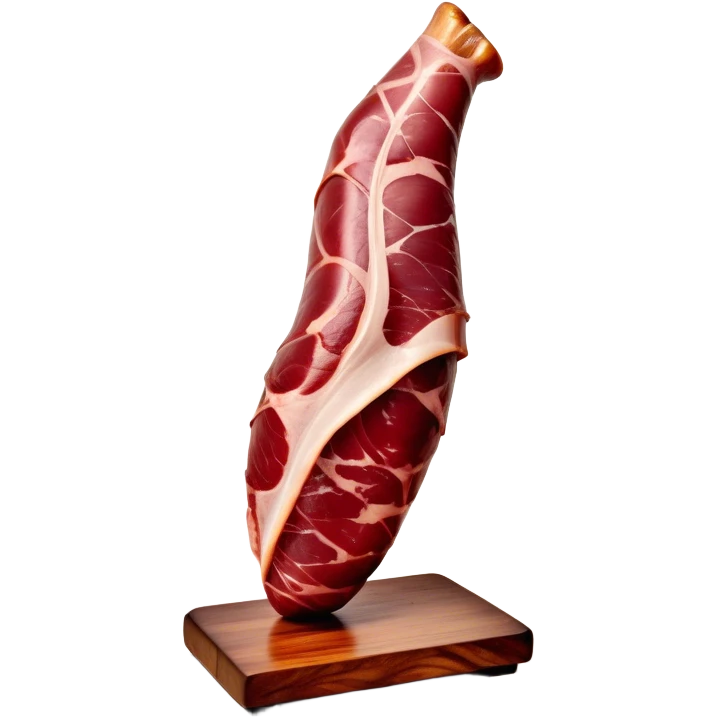 ​Cinematic Realistic Spanish Jamón Leg, depicted as a massive, cured leg of Jamón serrano with a deep reddish-brown hue, intricately marbled and slightly glossy with age, elegantly displayed on a rustic wooden stand and bathed in warm, soft lighting that accentuates its artisanal heritage, emoji