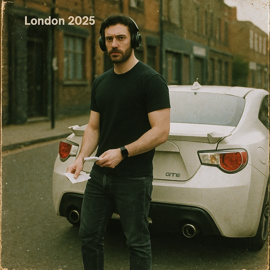 Grunge-style analog photo, London 2025, person inspired by the reference image standing next to a Nissan GT 86, model pose, black t-shirt, jeans, Nike Air Jordan low, using flash, street background, analog grain, 4/8. emoji