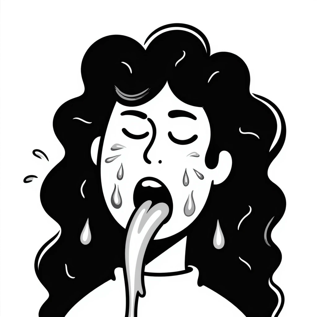 surprised disgusted woman with long messy curly black hair, thick goopy white liquid on cheeks, lips, tongue, tongue out, eyes shut, gunk dripping and matting hair emoji