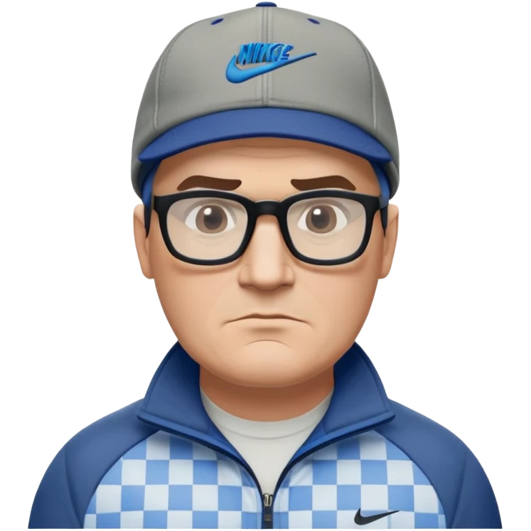 50-year-old heavyset man with very wide face and prominent square jawline. Short straight hair combed to the side, not balding, wearing a black Nike cap. Large dark square glasses. Serious-relaxed expression. Light gray jacket that fits his larger frame, white shirt with blue checkered pattern. emoji