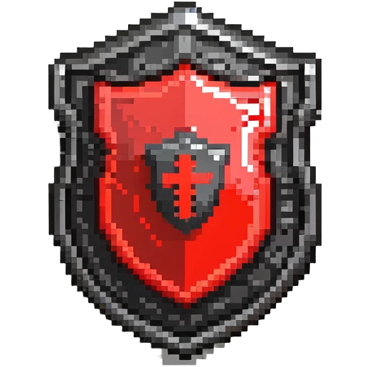 Shield badge with a digital lock and red warning symbols, cybersecurity theme, menacing look emoji
