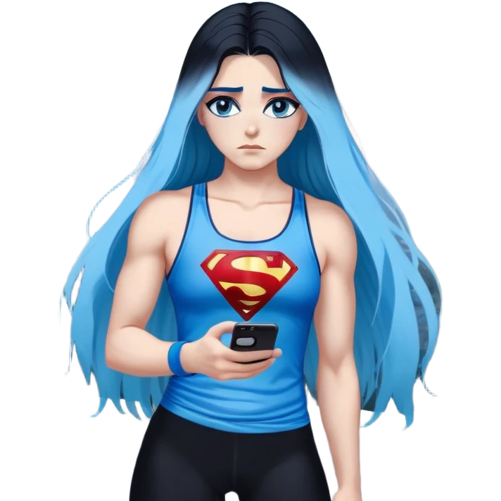 Shameful disappointed crying-very very very very big chest-texting on a samsung cell phone-very long straight flowing black to sky blue hair ombre-blue eyes-black eyeliner-long eyelashes-plastic sparkling sky blue very low cut tank top with sparkling superman logo-black leggings-nike sneakers emoji